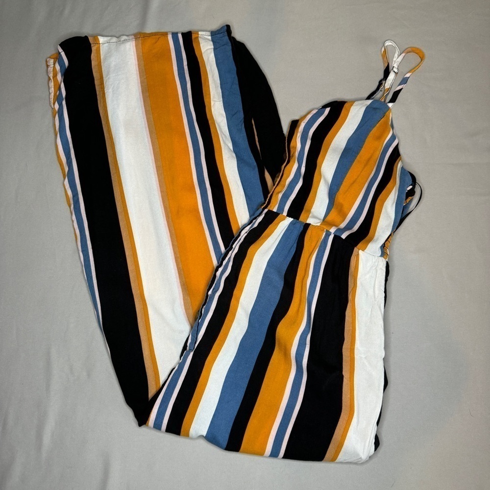 Blue and Yellow Striped Midi Jumpsuit